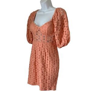 NWT Saints + Secrets Peach Puff Sleeve Floral Lace Bodycon Dress Sz L